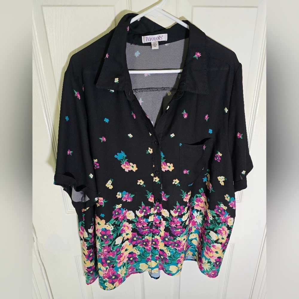 Roaman's Womens Plus Size Button Up Sheer Floral Top 26W